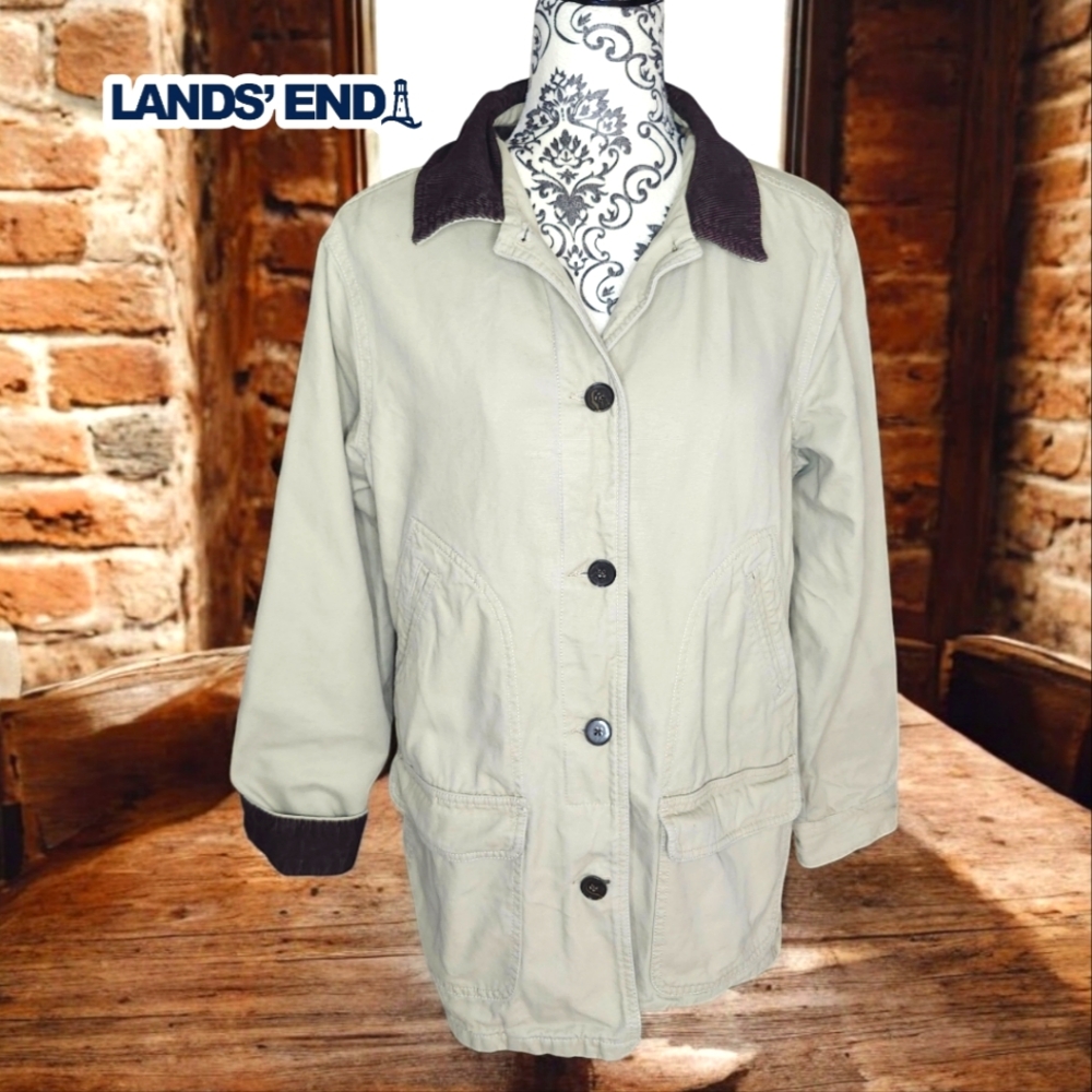 Lands' End Beige Barn Jacket with Brown Cord Collar